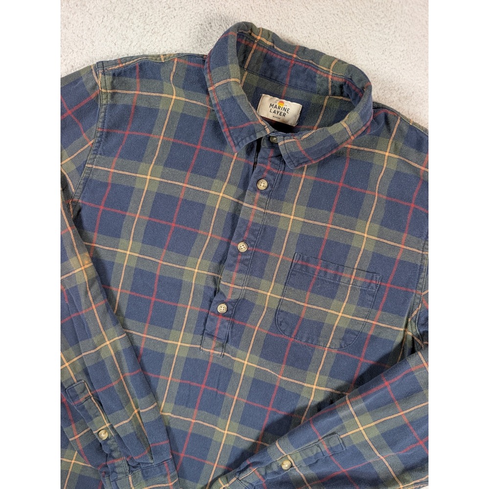 Marine Layer Mens Marge Balboa Navy Blue Plaid Flannel Popover Shirt Large
